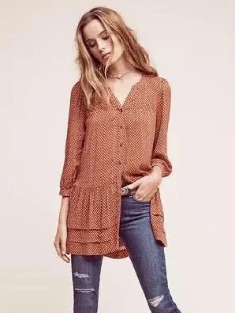Anthropologie Holding Horses Pavin Rust Red Cottage Core Fall Ruffle Tunic Boho